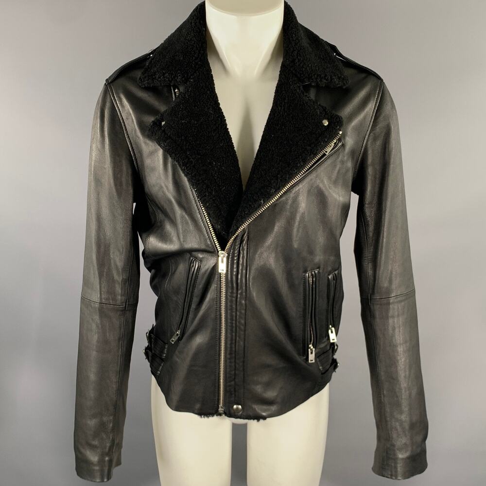 IRO Size M Black Leather Shearing Lapel Motorcycle Jacket